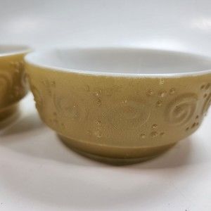Vintage Milk Glass Mustard Yellow Bowls Embossed Swirl 5- inch Lot of 2 Retro